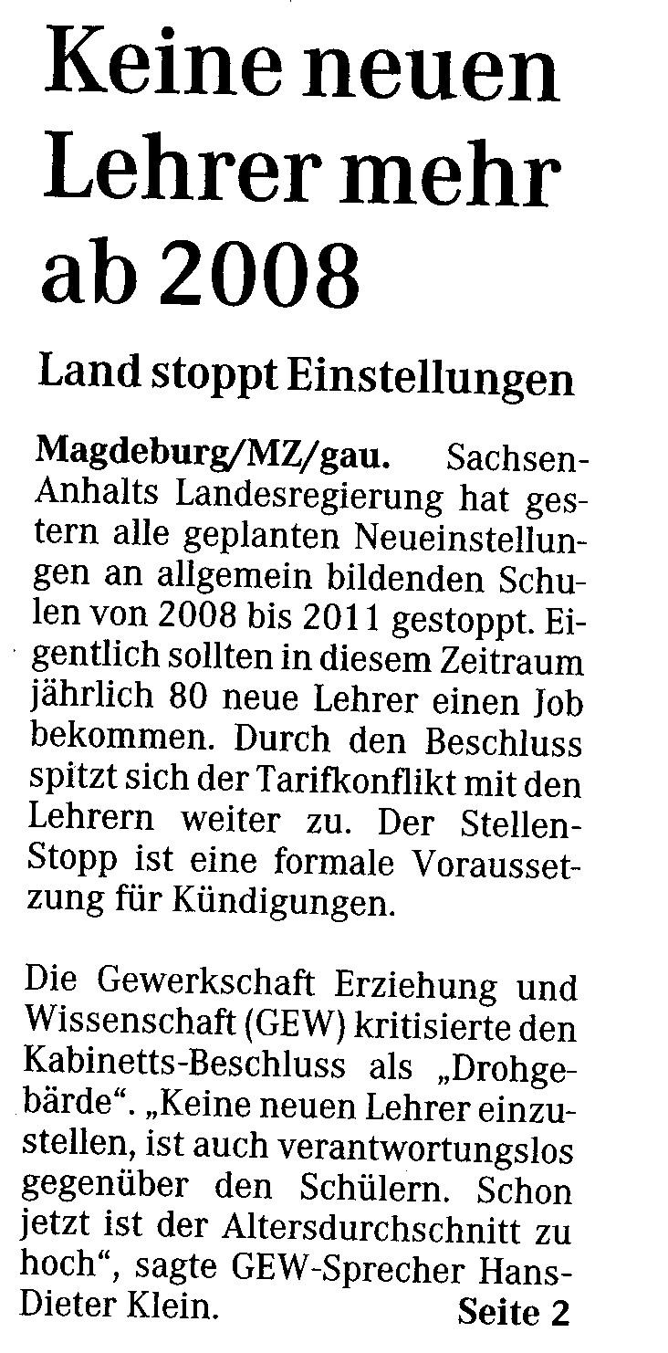 Zukunftsaussichten, MZ vom 05.09.2007. S. 1, 2